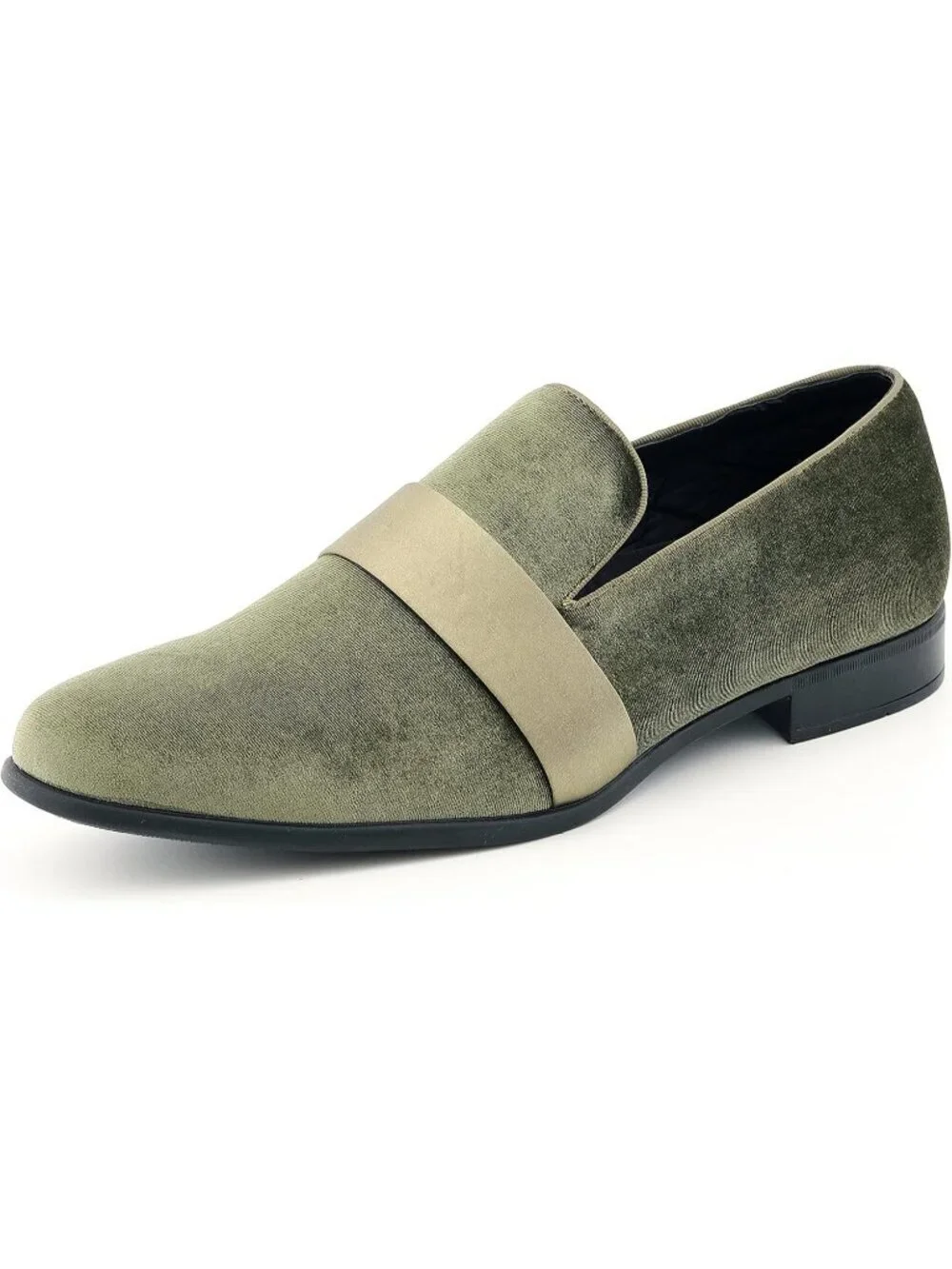Amali Men's Olive Paisley Embossed Velvet Loafer Satin Trim Slip On Tuxedo Shoes